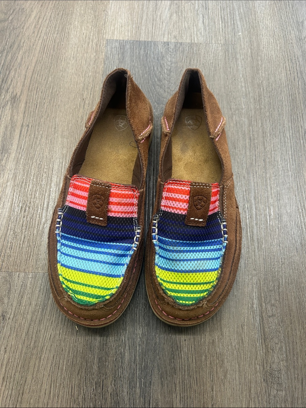 Women’s Casual Slip-On Suede Moccasins in Brown with Multicolor Stripe Panel
